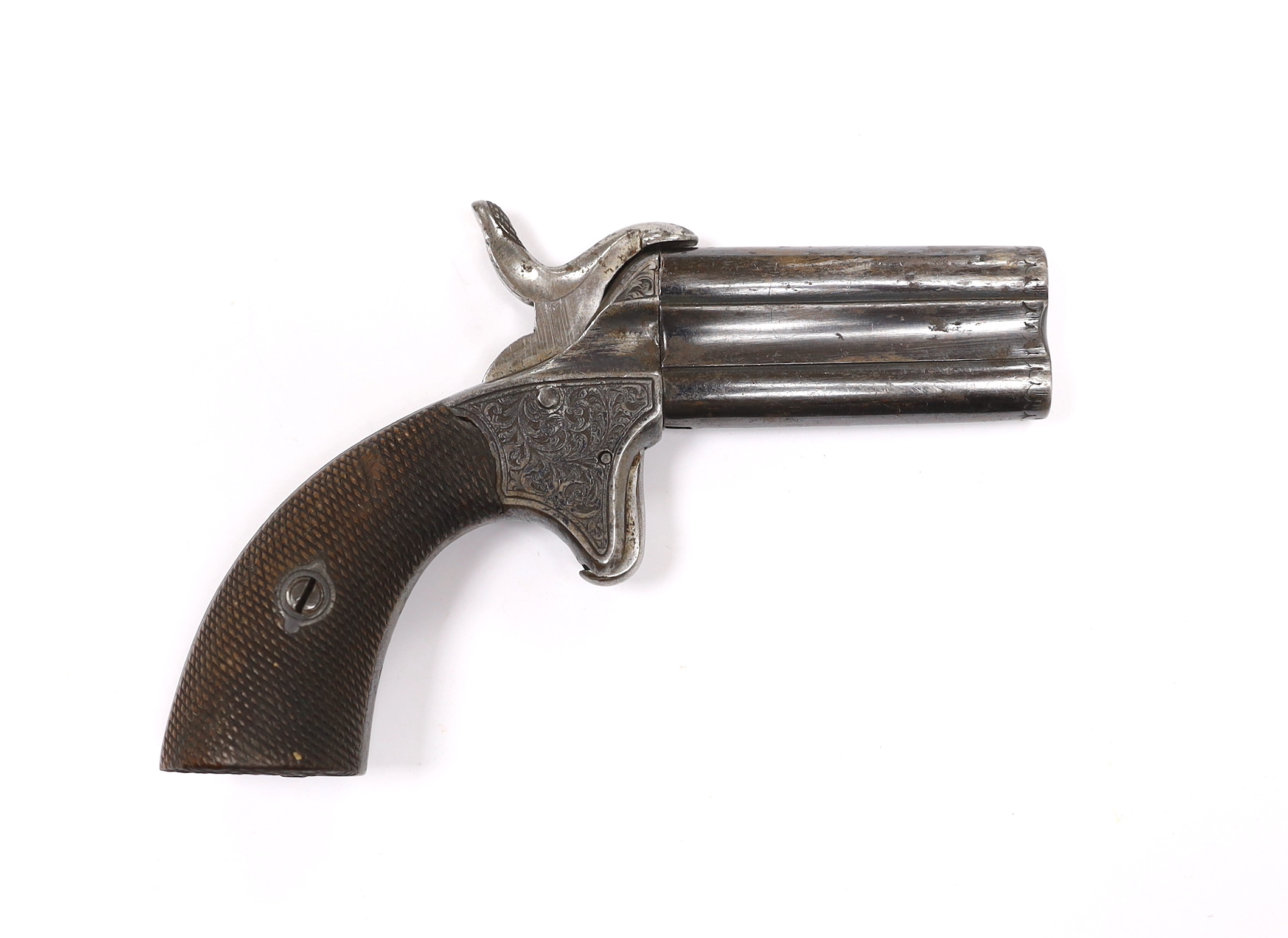 A Belgium mid 19th century double barrelled over-under pinfire muff pistol, stamped with Liege ELG proof mark, barrels 5.5cm